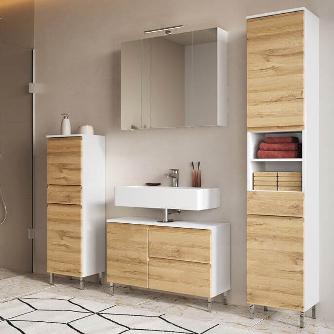 Colonne de salle de bain contemporaine H 120 chêne/blanc Elegance